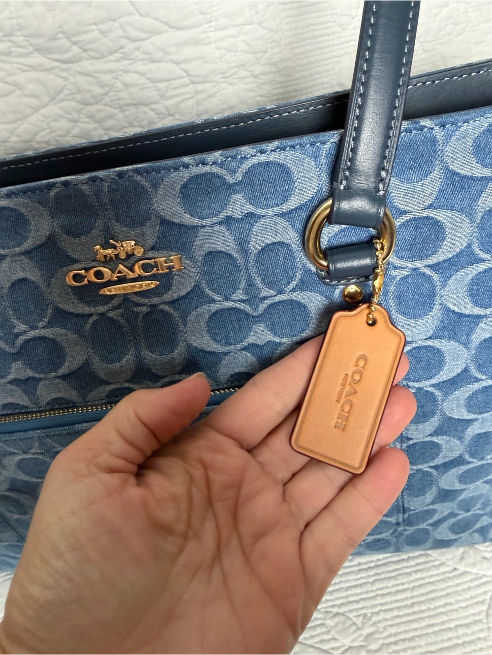 Coach Blue Signature Denim Tote with Leather Trim - Picture 7 of 8